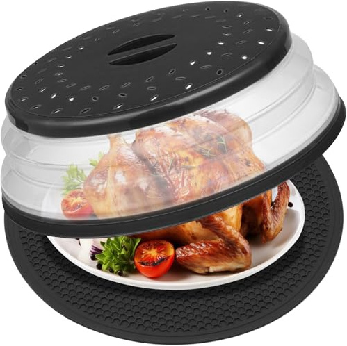 MAGJIUKE 12 Microwave food Cover & Mat,Large Vented Collapsible Splatter Guard dish Plate lid & Silicone Round Kitchen mat