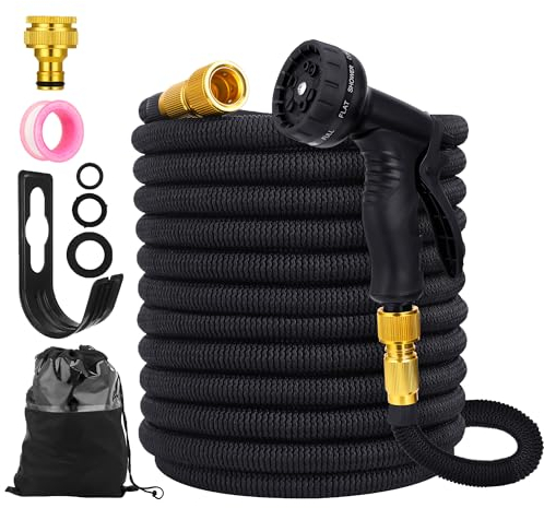 Flexible 100FT Expandable Garden Hose with 10 Function Spray Pattern Nozzles - 1/2 and 3/4 Brass Fittings for Gardening, Patio, Car Wash, Pet Bathing