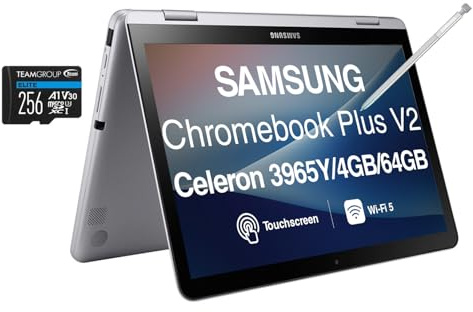Samsung Chromebook Plus V2 12,2 Business 2-in-1 Laptop (Intel Celeron 3965Y, 4GB LPDDR3, 64GB SSD, Active Pen, WiFi 5, Webcam, Chrome OS) w/256GB microSDXC Card