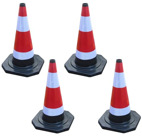 Yesbon Traffic Safety Cone, 70 CM Road Safety Reflective Traffic High Visibility Red Street Cone Portable Wind Resistant Traffic Cone with Black Base for Road Parking, Driving,4pcs