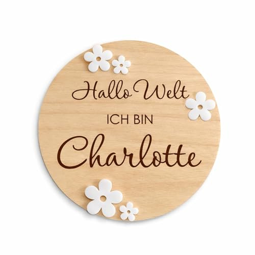 Personalisierte Hallo Welt ich bin, Holzschild mit Name, Blumen Gänseblümchen, Meilensteinkarte aus Holz, Baby-Ankündigung Schild für Baby Geburt, Neugeborenes Baby, Babyparty-Geschenk (Design 10)