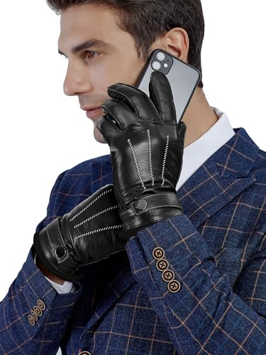 GSG SINCE 1998 Chromfrei Lederhandschuhe Herren Winter | Fahrhandschuhe mit warmer Wollfütterung Touchscreen Lammfell handschuhe