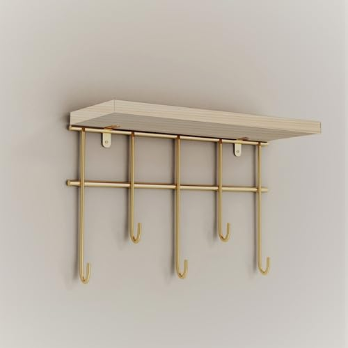 [en.casa] Schlüsselbrett Parikkala Schlüssel Organizer mit Ablage Wandregal mit 5 Haken Metall Küchenregal Flur 27 x 10 x 20 cm Holzablage Goldfarben