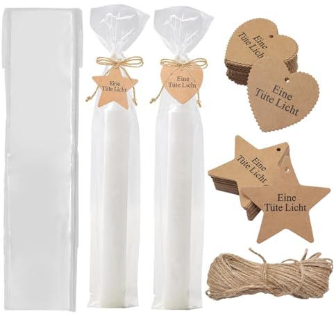 Wondora 100 Stück Kerzen Folientüten, 32x6cm mit 100 Geschenkanhängern aus Kraft, 20m Schnur, Klare kerzenverpackung, Kerzen Verpackung Folie Tüte, für Weihnachten, Geburtstag, Valentinstag