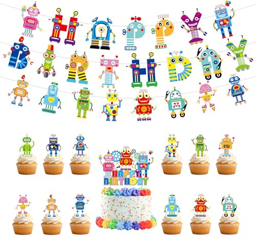Decoración de fiesta de robot, incluye pancarta de feliz cumpleaños, decoración para tartas, adornos para cupcakes y globos, accesorios para fiestas de cumpleaños para niños y niñas