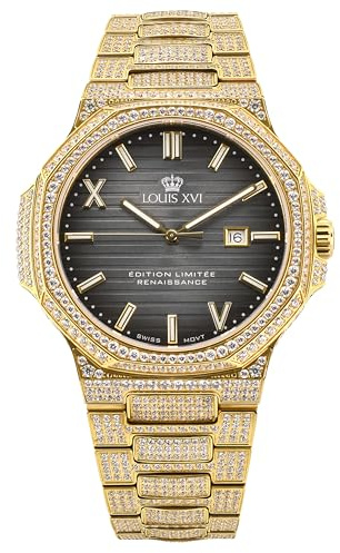 LOUIS XVI Renaissance 1602 - Ø 40 mm - Herren Uhr - Wasserdicht - Mit Saphirglas - Armband Gold - Iced Out CZ-Diamanten -Zifferblatt Grau - CH Quarzwerk