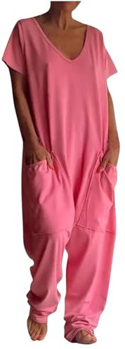 Jumpsuits für Damen, kurzärmelig, Baggy-Strampler, Hose mit Taschen, tiefer Schritt, einfarbig, einteilige Hose, V-Ausschnitt, gerades Bein, Playsuits, lockerer Sommer, lässiger Overall, Übergröße,