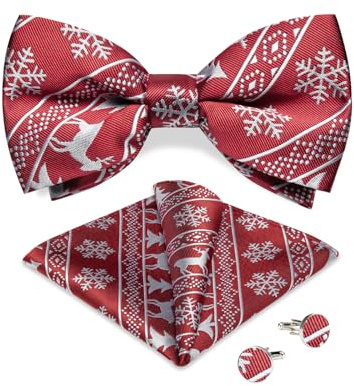 DiBanGu Herren-Weihnachtsfliege, Seide, Festival-Muster, vorgebundene Fliege und Einstecktuch, Manschettenknöpfe, Set für Weihnachten, Party, Urlaub, mit Geschenkbox, Rot/Silber, Einheitsgröße
