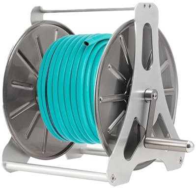 Wall Mounted Garden Hose Reel, Stainless Steel Hanging Garden Hose Reel, Freestanding Hose Storage Rack with Handle, Holds 50M Hose Capacity, Manual Hose Holder Kit for Home Garden Lawn
