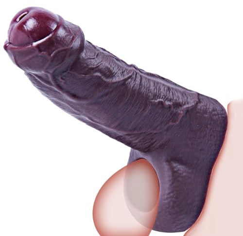 Fundas de pene pequeñas negras con cabeza roja – Extensor de pene de silicona para hombres, diseño realista con venas realistas y longitud adicional para mayor placer