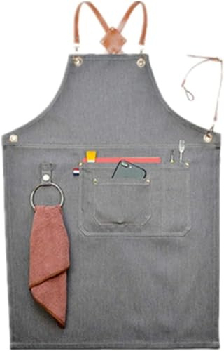 RYRYR Arbeitsschürze, Holzbearbeitungs-, Tischler-, Arbeiter-, Werkzeugschürzen, 1 Stück, Leder, mit Kreuzgurt, Western-Restaurant, Teeladen, Küche, Backkleidung for Männer und Frauen(Grey)