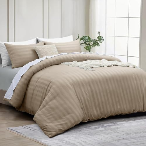 INSPIRE HOMEWARE Set copripiumino king size, qualità alberghiera, reversibile, con strisce satinate, con 2 federe, set di biancheria da letto king size, in morbida microfibra, colore: beige