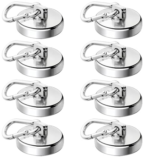 GBKDQQ 8 Stück Magnethaken Extra Stark 32 mm mit Öse, Magnet Karabiner 42KG Zugkraft Neodym Magnete 360°Drehen Magnetische Haken, Magnete Stark für Küche Badezimmer Schließfächer, Silber