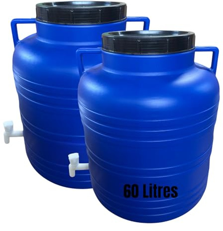 Jordan & Jordan — Lot de 2 x Fût Plastique Alimentaire 60L PEHD — Couvercle à Visser + Robinet de Sortie — Fermentation, Eau, Huiles — Certifié Alimentaire sans BPA
