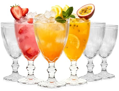 TOLASTO Iced Tea Goblet Glasses Set of 6,220ml Vintage Ribbed Drinking Goblets,Clear Stemmed Glasses for Juice,Cocktails,Lemonade,Water and Cold Drinks,Dishwasher Safe