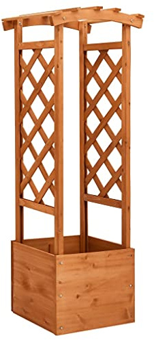 Fioriera da Esterno in Legno di Abete con Traliccio e Arco, Portapiante per Fiori e Piante Rampicanti, Cassetta per Giardino Marrone, 49 x 39 x 130 cm