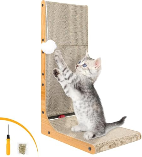 Rascador para gatos, 68 cm de alto, rascador en forma de L, de cartón con pelota de juguete, rascador de pared para gatos, protector de muebles (marrón, forma de L)
