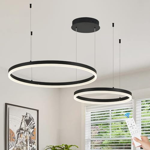 CATINER Moderner 2-Ring LED Hängelampe Schwarz Dimmbare Runde Pendelleuchten für Eingangsbereich mit Fernbedienung LED Kronleuchter für Küche hohe Decken Wohnzimmer 3000K-6500K