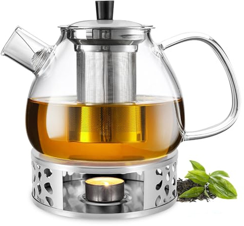 Tekanna med värmare 1500 ml, tekanna glas med rostfritt stål värmare, glas tebryggare, tekanna med sil, teapot av borosilikatglas för bryggning av alla tesorter tepåsar