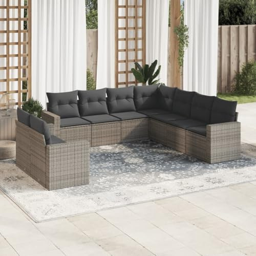 QJBSAVVA 9-TLG. Gartenmöbel Set Grau 65,5 x 62 x 69 cm Poly-Rattan Balkonmöbel mit abnehmbaren Bezügen, UV-beständig, modular & modernes Design für Garten Terrasse und kleinen Balkon