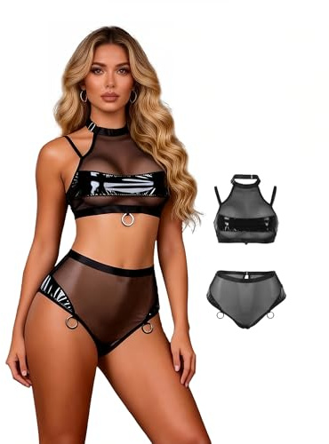 ohmydear Set di biancheria intima da donna sexy in finta pelle di grandi dimensioni cyberpunk bodystockings alta elastica mutandine trasparenti vestito caldo da clubwear biancheria intima due pezzi