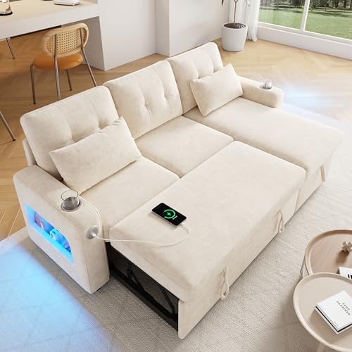 Merax Canapé d'angle avec fonction couchage et coffre de lit, canapé-lit pratique avec espace de rangement, éclairage LED, USB/type C et 2 porte-gobelets, canapé-lit extensible en forme de L, tissu
