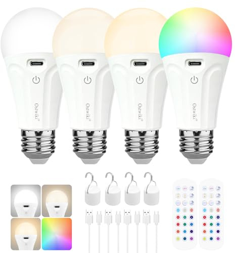 Rechargeable Light Bulbs with Remote, A19 Dimmable Wireless Battery Bulb | with 15 Colors 3 Timer for Home Non-Wired Sconces,4 Pack E26 Emergency Bulbs for Power Outage,Outdoor Camping