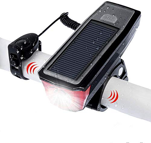WASAGA Faro de Bicicleta, Luz Frontal de Bicicleta de 4 Modos Recargable Inteligente con energía Solar con Campana de Bicicleta para Ciclismo Advertencia de Seguridad Altavoz LED