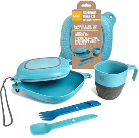 UCO 6-Piece Camping, Backpacking, Outdoor Kitchen Gear Mess Kit with Bowl, Plate, Camp Cup, and Switch Spork Utensil Set