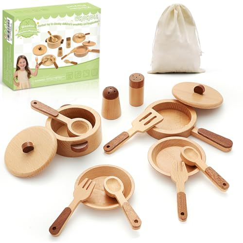 WHOHOLL Wooden Play Kitchen Accessories, Pretend Toys Pots and Pans Cooking Set for Toddlers 3 4 5 6, Kids Kitchen Playset with Plates and Dishes, Christmas Birthday Gifts for Girls Boys