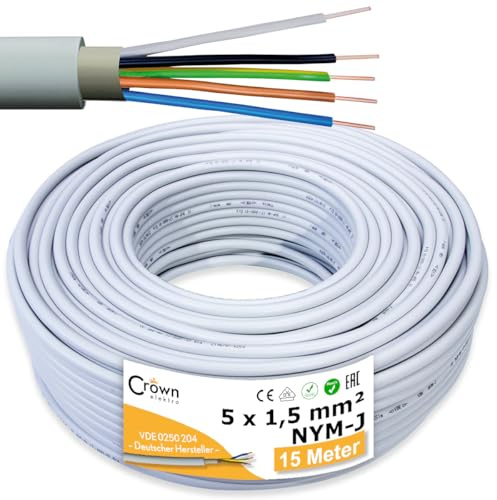 NYM-J 5x1,5mm² Kabel 15m Mantelleitung nach VDE 0250-204 Feuchtraumkabel | Elektrokabel 5-Adrig Kupfer Volldraht | Stromkabel für Elektroinstallation in Hellgrau nach DIN NORM EN60332-1-2