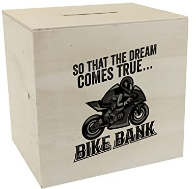 Bike Bank Spardose aus Holz mit Spruch und Motorrad in schwarz So that the Dream Comes True Bike Bank EIN dekoratives Sparschwein zum Sparen auf EIN Moped Biker Sparbüchse