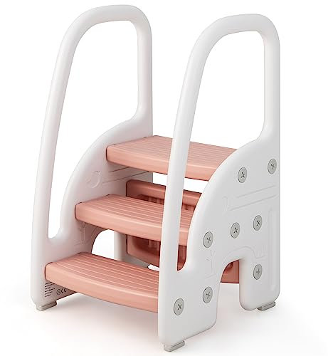 DREAMADE Marche Pied Enfant 43x42x70CM avec Accoudoirs Sécurité&Pédale Amovible,Tabouret 3 Marches Stable&Multifonction&Antidérapant Tour d'Observation Charge 75KG pour Cuisine,Toilette,Chambre (Rose)