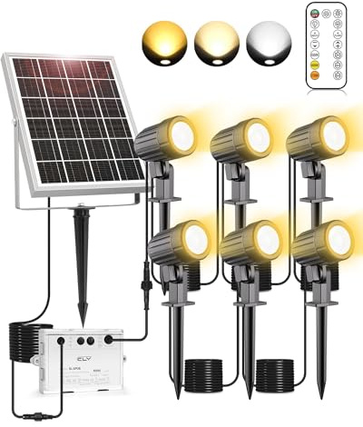 CLV 6 in 1 Solar Landscape Garden Spotlights 3 Colors Spike Lights | Spotlights Outdoor Garden IP66 Waterproof Solar Powered Garden Floodlights 18M Cable with Remote for Pathway Yard Patio