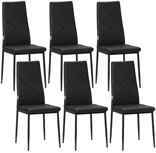HOMCOM Set di 6 Sedie Sala da Pranzo in Finta Pelle, Sedie Cucina con Schienale Alto con Cuciture a Diamante e Gambe in Acciaio, Sedia Moderne per Cucina, Camera da Letto, Ufficio e Soggiorno, Nero
