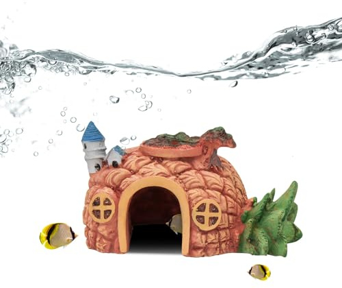 LuckyOpt Decoraciones de tanque de peces de acuario, Plástico Piña Casa Tema Plantas Pescado Cueva con Agujero, Adornos de Castillo de Acuario Ocultar Peces Tanque Accesorios Decoración (Amarillo)