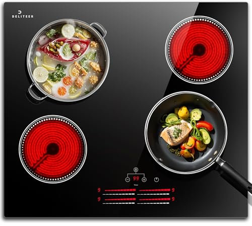 DELITEER Plaque Vitrocéramique 4 Feux, 60CM Table de Cuisson électrique Encastrable, 6000W, Contrôles Individuels des Zones de Chauffage, Verrouillage de Sécurité, Minuterie, Sans Prise, 240V
