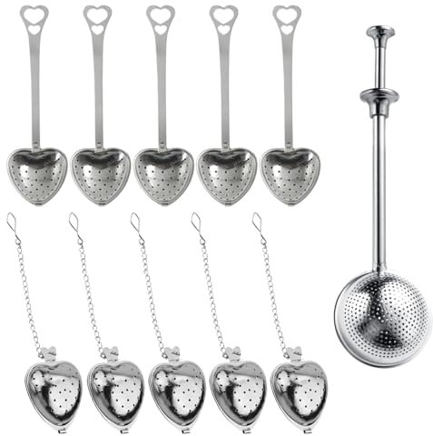 Focenat 11 Piezas Colador de Té, Infusor de Té de Acero Inoxidable, Filtro de Te con Cadena, Corazon, Colador de Especias, Bolas Infusoras de Plata, Colador de Hierbas para Tazas, Té Suelto
