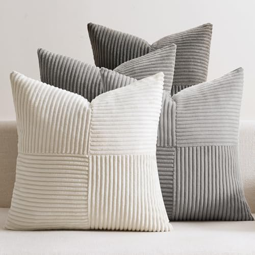 EMEMA Kuddfodral i manchester, set med 4 st, patchwork, kuddöverdrag 45 x 45 cm, dekorativt kuddfodral, manchester, dekorativa kuddar för soffa, stol, hem, sovrum, grå serie