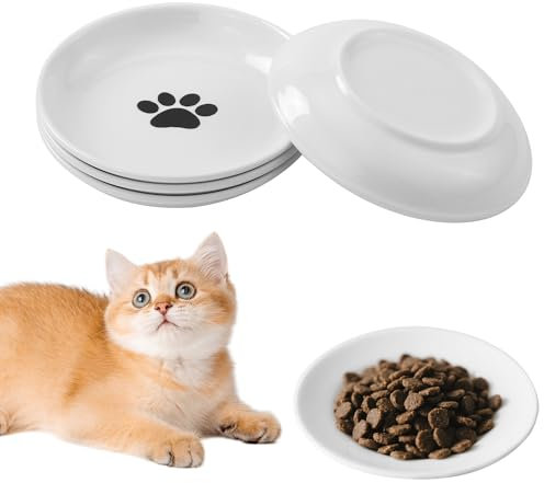 BUCOMTU 4 Stück Katzennapf Flach Futternapf Katze,Keramik Futterschale,Flacher Napf, Spülmaschinenfest Katzenteller, Lindert die Ermüdung der Schnurrhaare, Katzenschüssel für Katzen und Welpen