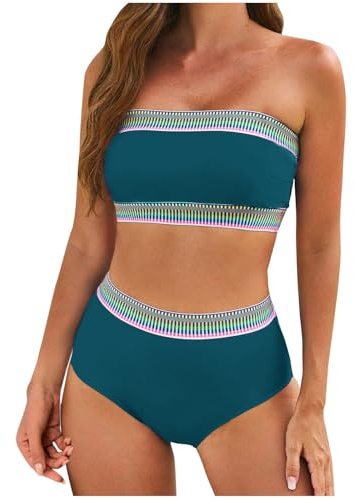 AMhomely My Order Bandeau Tankini Swimwear Women UK 2 Piece Swimsuit for Women 2025 High Waisted Tummy Control Color Block Bikini Set Swimwear Beach Holiday Swimming Costume 02 Sky Blue XL