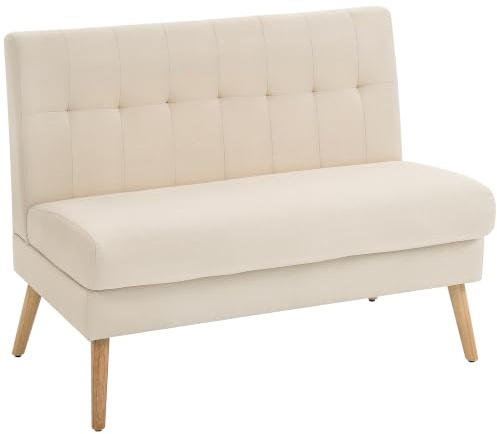 HOMCOM Sofa 2 Sitzer Couch mit Getufteter Rückenlehne 118 cm Beige | Gepolstert, Leinenoptik, Kleine Polstersofa, Modern, Doppelsofa mit Holzbeine, Wohnzimmer, Kleine Räume
