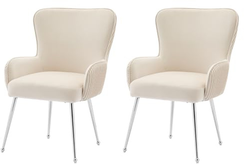 YAIXBNG sammetsmatrumsstol, uppsättning av 2, lyxig, vardagsrum, sovrum, loungestol med fyra silvermetallstödben, med armstöd och justerbara fötter, ländryggsstöd, beige