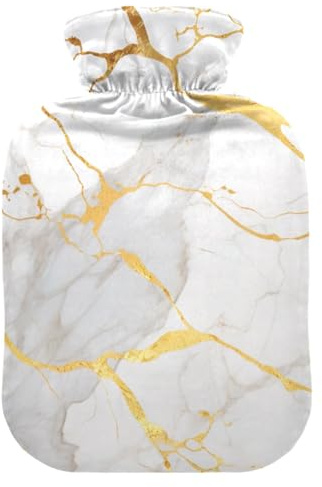 Bolsa de agua caliente con pies de cubierta suave y calentador de cama, bolsa de agua caliente de mármol dorado para aliviar el dolor de cuello y hombros, tamaño mediano