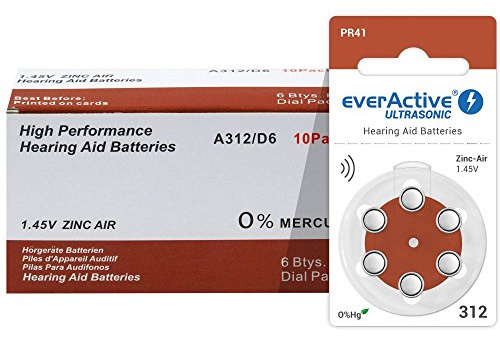 120x EverActive UltraSonic Typ 312 Hörgerätebatterie Zinc Air Zink Luft P312 PR41 ZL3 Quecksilberfrei Mercury Free