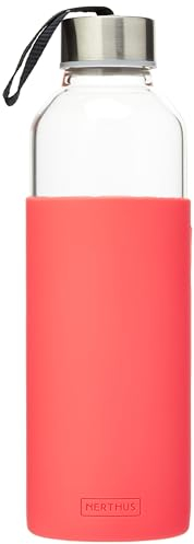 Botella de Cristal Nerthus Bottles con Funda de Silicona Color Coral y 600 ml