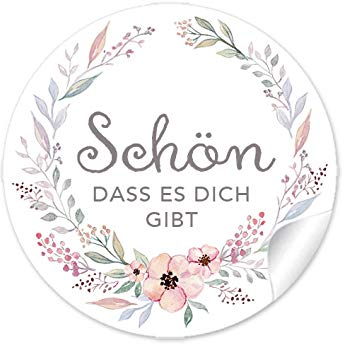 72 STICKER Schön dass es dich gibt PASTELLFARBEN Blütenkranz, Gastgeschenke Taufe Geburt Hochzeit Kommunion Konfirmation Hochzeitsmarmelade Geburtstag Tischdeko Selbstgemachtes, 4 cm, rund, matt