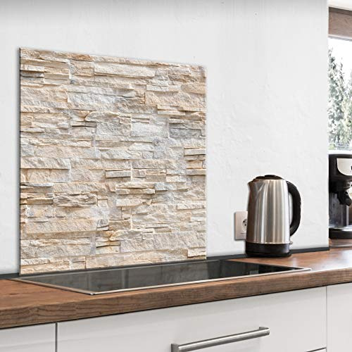 murando Glass Splashback for Kitchen Backsplash Cooker Protector Tempered Glass Decorative Wall Art Panel Heat Resistant Graphic 80x80 cm / 32x32 Stone wall Stones Brick f-C-0420-aq-a