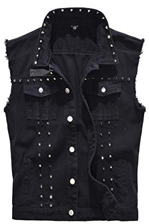 Cekaso Men's Denim Vest Punk Sleeveless Jean Jacket Rocker Studded Vests,Black,XL