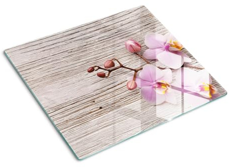 Glasschneidebrett 60x52 cm Lebensmittelecht Rutschfest Silikonfüße Antibakteriell Dekorativ Dünn Glasplatte Hitzebeständig für die Küche Gehärtetes Glas Plastikfrei - Orchidee auf Holz